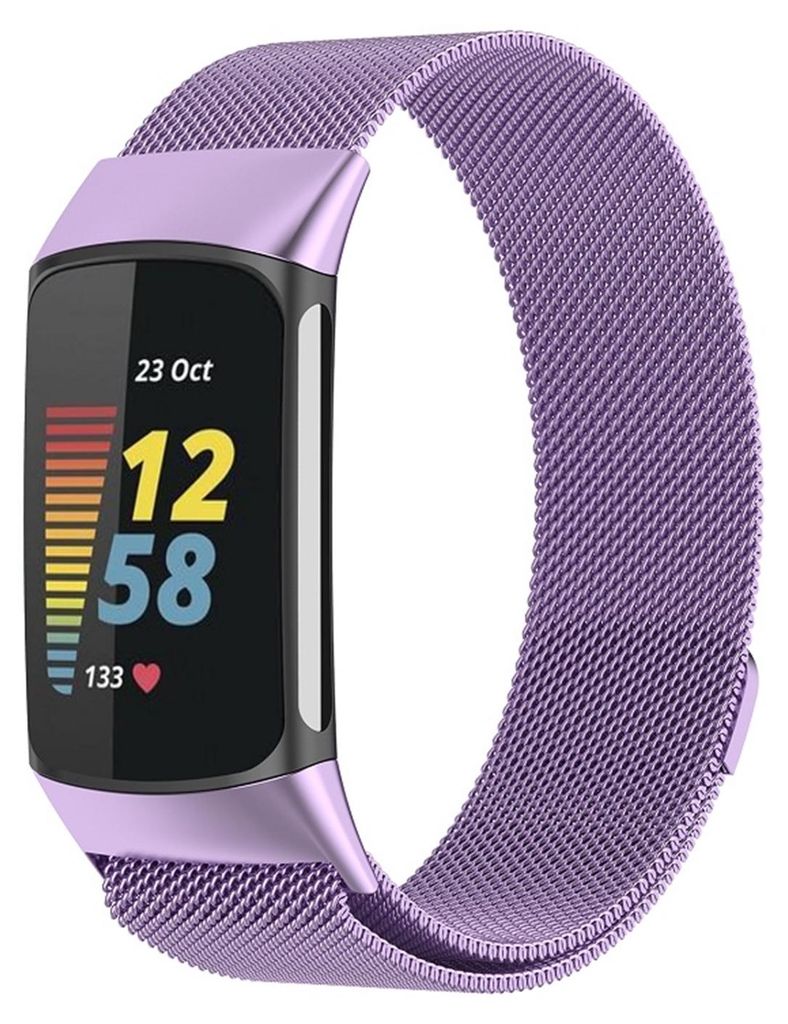 A close-up studio shot of a purple metal mesh watch band with a magnetic clasp attached to a smartwatch.