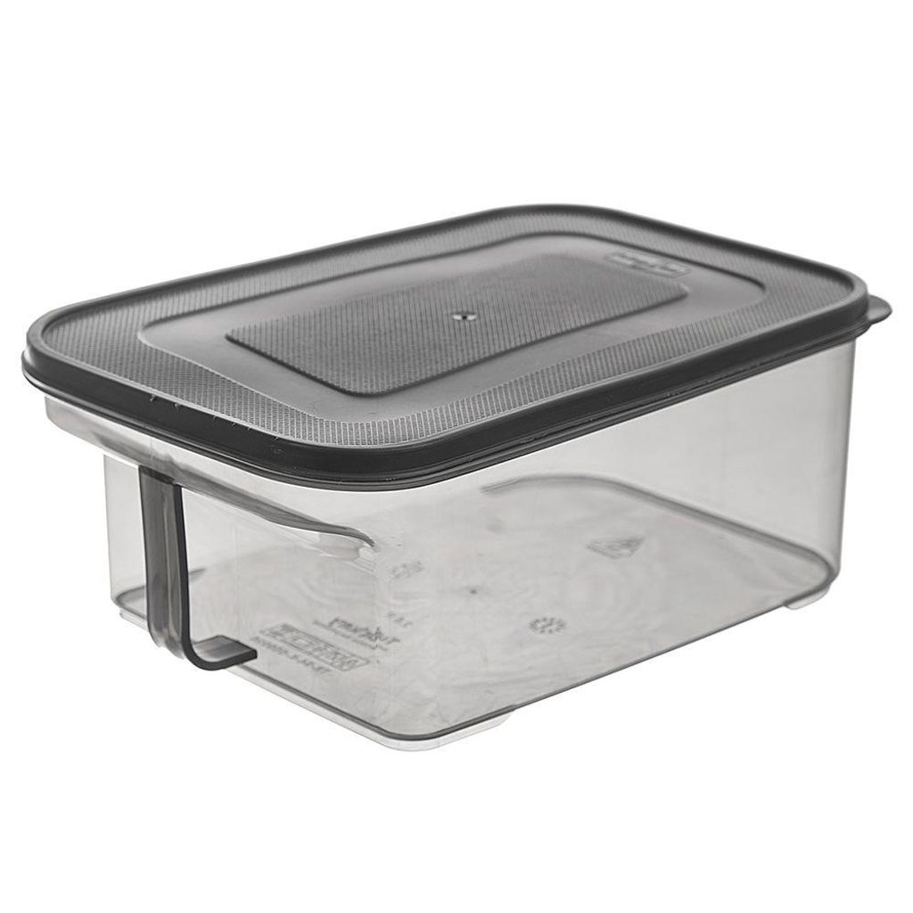 A clear plastic food storage container with a dark gray lid, shown from a slightly elevated side angle against a white background.