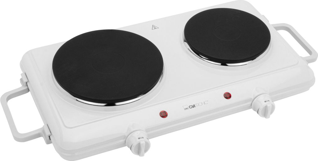 A white double electric hot plate with two black heating elements, red indicator lights, and silver knobs.