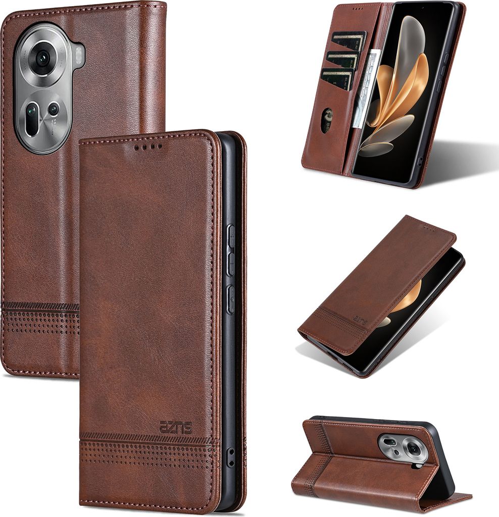 Leder Hülle für Oppo Reno11, Klapphüllen Brieftasche Magnetverschluss Ständer Schutzhülle Kaffee