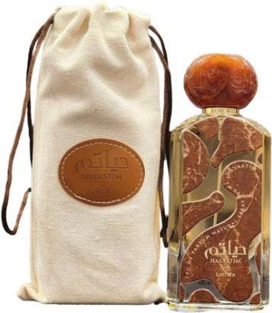 A perfume bottle and its fabric pouch are displayed against a white background.