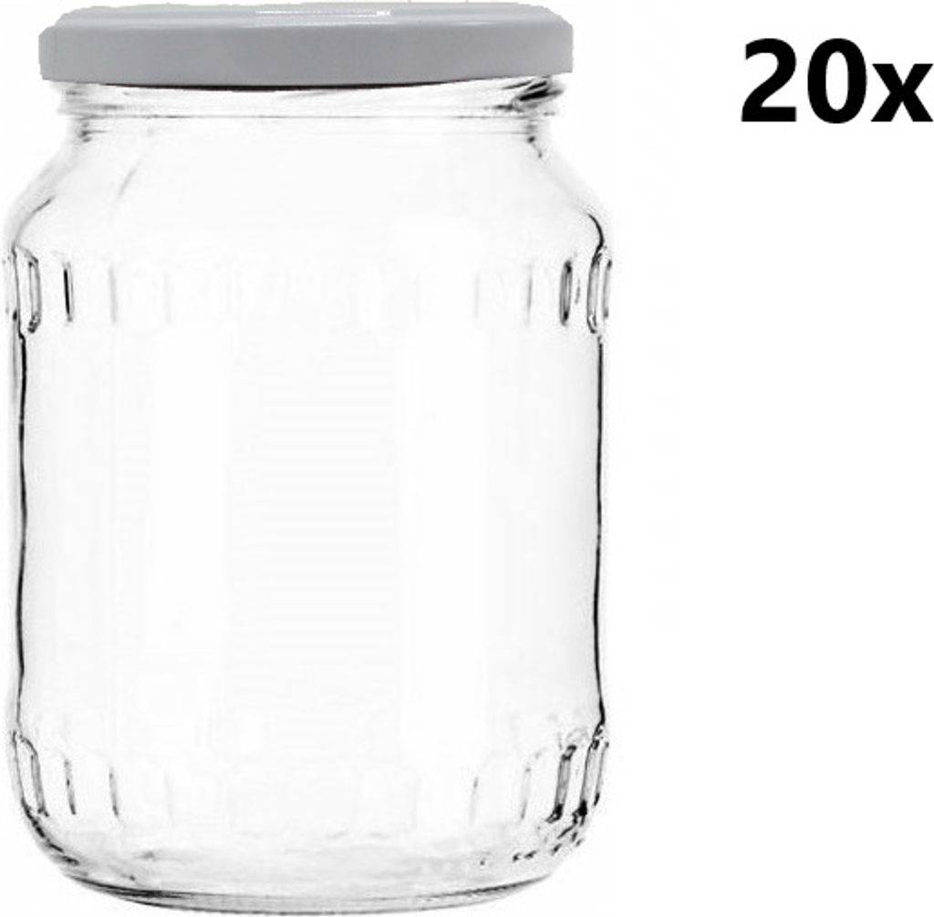 A clear glass jar with a gray lid, shown against a white background. The text '20x' is visible on the right side.