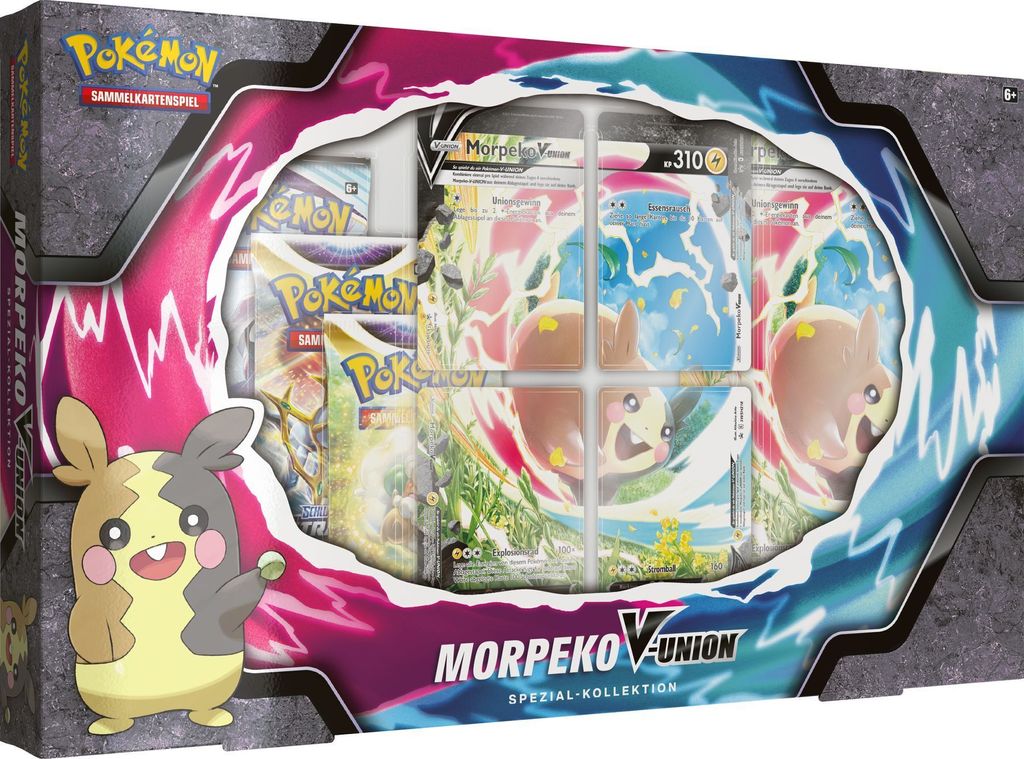 A product box for a Pokemon trading card game special collection featuring Morpeko V-Union.