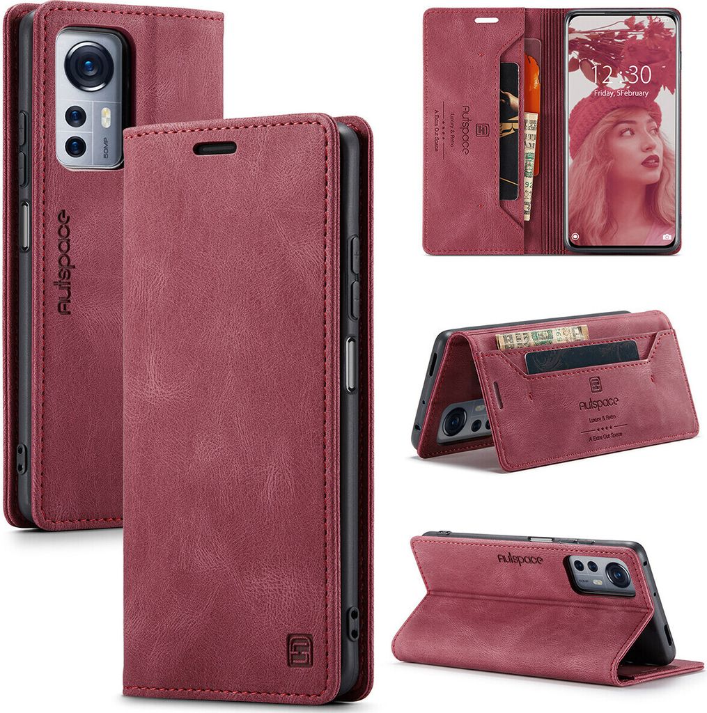 Xiaomi 12 / 12X Brieftasche Hülle, Retro Kunstledertasche Stand Schutzhülle für Xiaomi 12 / 12X Rot