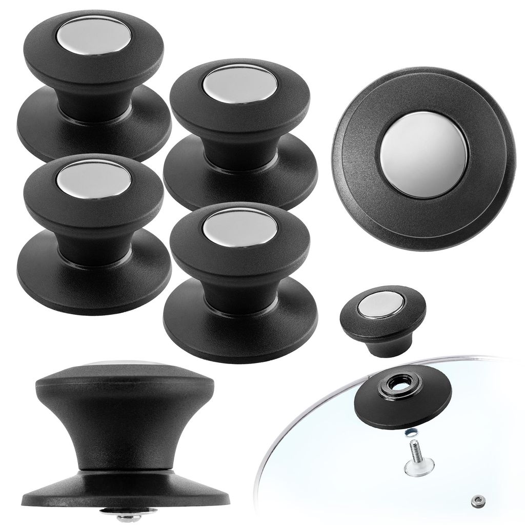 Multiple black pot lid handles with silver accents are arranged on a white background. One handle is shown attached to a glass pot lid.