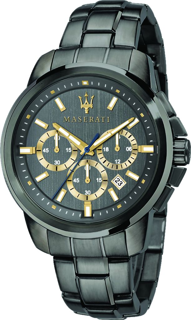 A close-up studio shot of a men's chronograph watch.