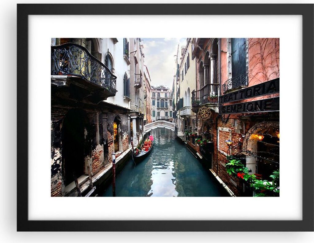 Gerahmtes Poster - Schwarzer Rahmen - Boot Brücke Tourismus Venedig - 40x30 cm - Wand Bild - Wanddeko - Wandbilder - Wandposter - Bilderrahmen - B...