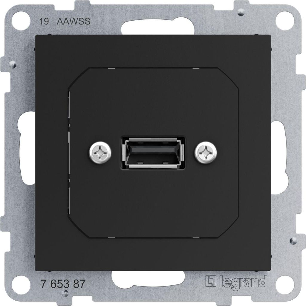 Legrand SEANO USB-Datendose mit Kabel, Einsatz inklusive Abdeckung, USB 3.0, Kabellänge: 15cm, Schwarz, 765387