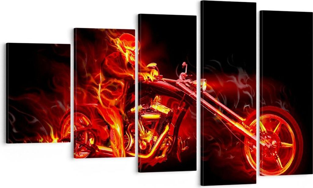 Bild auf Leinwand - Leinwandbild - Flammen Motorrad Skelett - 100x60cm - Wand Bild - Wanddeko - Leinwanddruck - Bilder - Kunstdruck - Wanddekoratio...