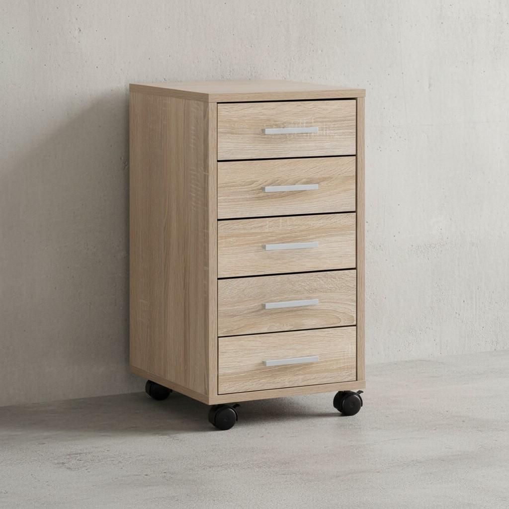 Schubladenschrank "Itter" Holz: 5 Schubladen, Rollen, melaminharzbeschichtet. Beige, 33x38x63 cm | Kadima Design