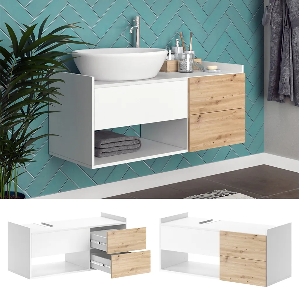 Meuble bas de salle de bain blanc 105cm Vicco Alf avec grands tiroirs