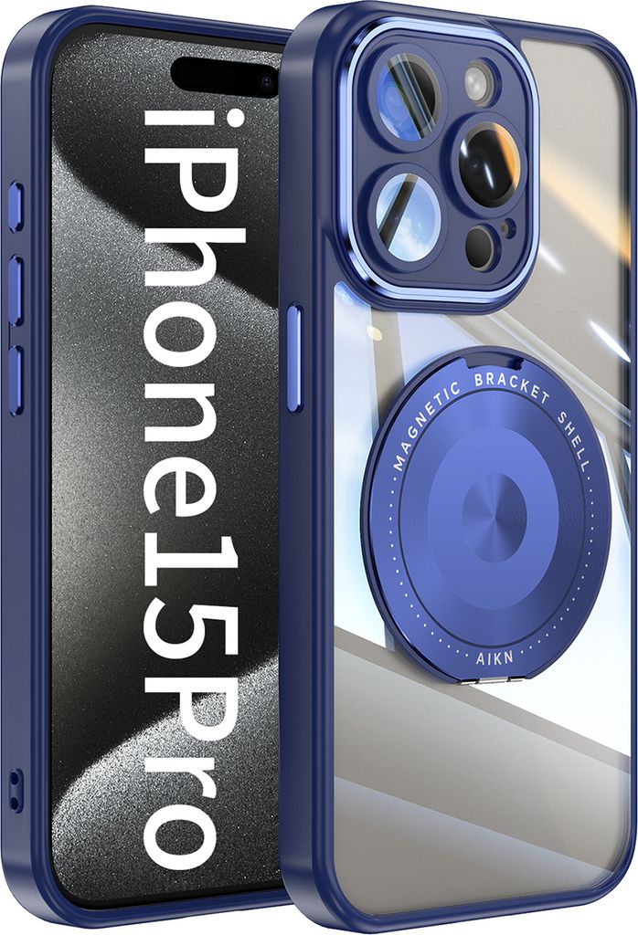 Handyhülle für iPhone 15 Pro Transparent Militärschutz mit Magnetring Ständer und Kameraabdeckung Blau