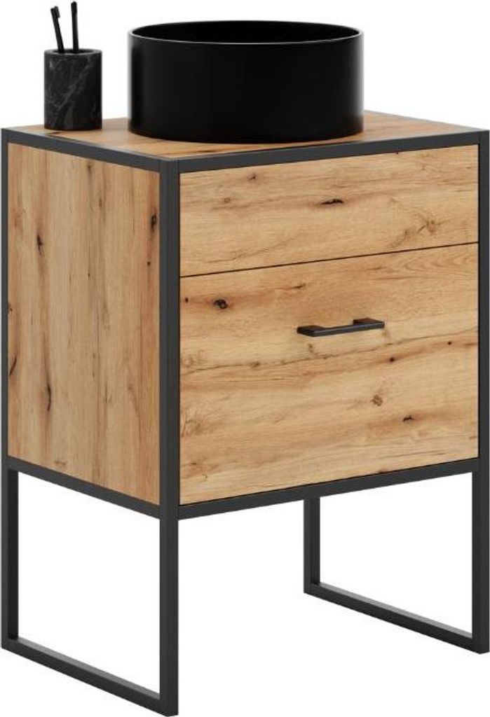 Badezimmerschrank Aura Loft – Industrial Design | Eichenholzdekor Craft Gold, 60 cm Breite, mit Schublade auf Kugelführungen, Metallgestell – ...