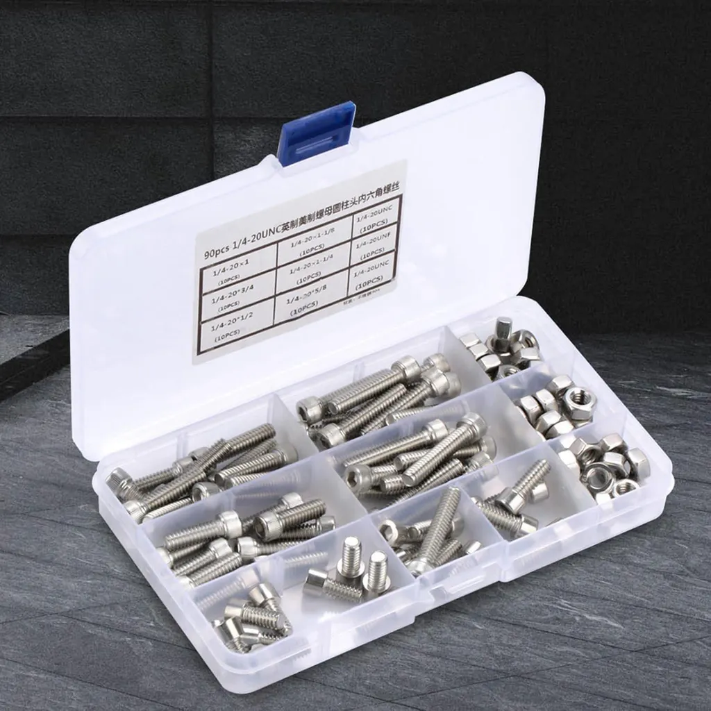 Assortiment de Vis à Métaux 1/4-20 UNC et Écrous Hexagonaux en Inox - 90pcs