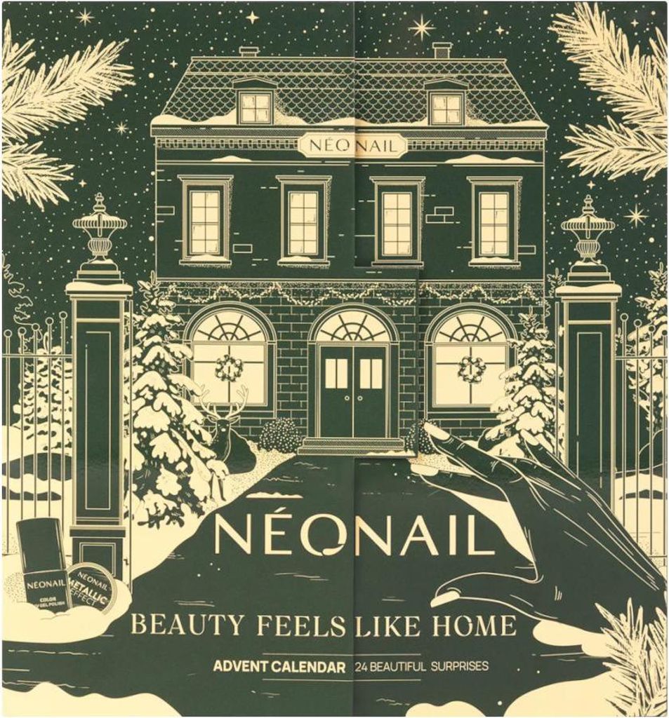 A festive, illustrated scene of a house with Christmas decorations, featuring a hand with painted nails and product packaging in the foreground.