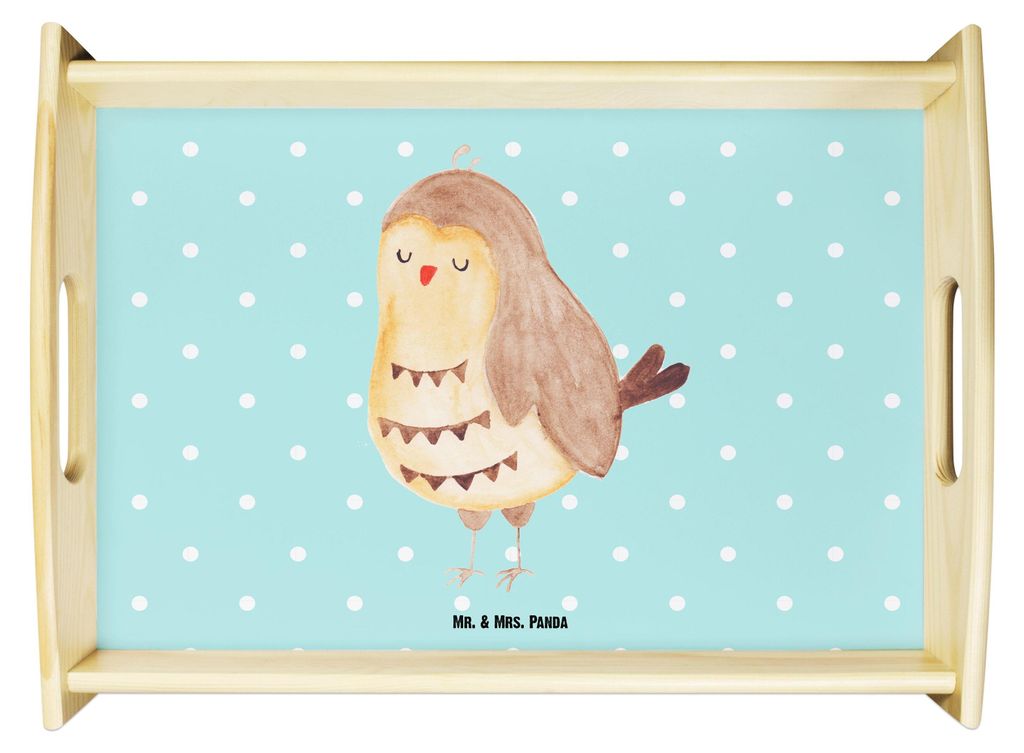 Mr. & Mrs. Panda teetablett Eule Zufrieden - Türkis Pastell - Geschenk, Tablett, Owl, Hochzeitstag, sofatablett, aus holz, für bett, Kaffee, Roma...