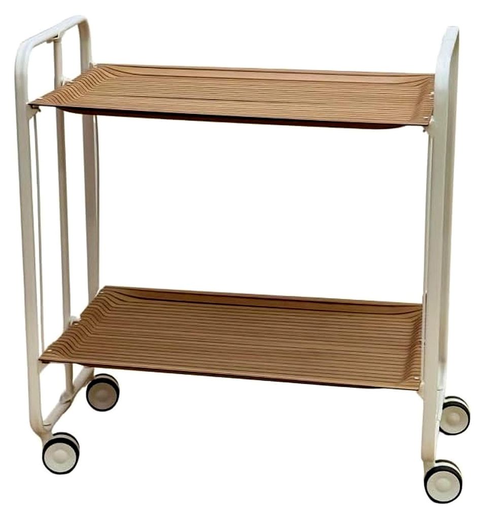 Klappbarer Rolltisch mit weißem Gestell und 2 Tabletts im Latte-Effekt