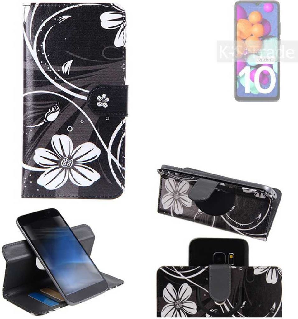 K-S-Trade Schutzhülle Handyhülle kompatibel mit Xiaomi Redmi 10 India Hülle 360° Wallet Case ''Flowers'' Klapphülle Hülle schwarz-weiß 1x