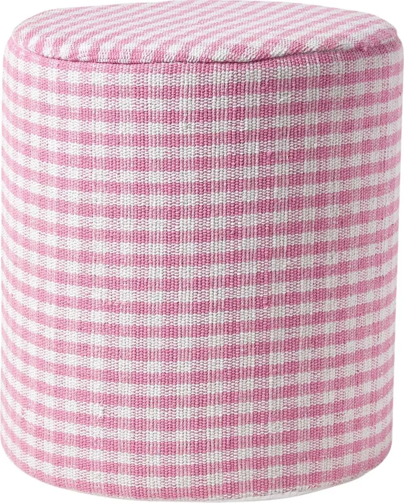 Pouf en coton à carreaux roses et blancs, assise ronde ferme de 42 cm haut