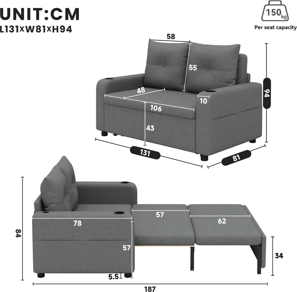 Canapé-lit Double Gris avec Coussin de Support et Porte-gobelet Intégré - 5