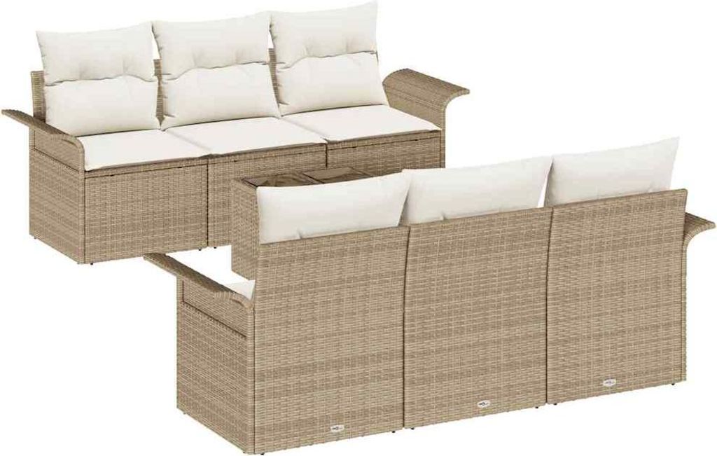 Gartensofa-set mit Kissen 7 pcs Beige und Creme Poly-Rattan