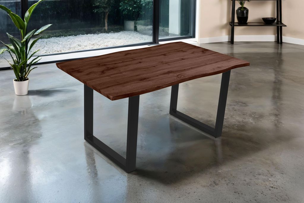 Esstisch 160x85 cm Baumkante Holz Nussbaum-Optik U-Gestell Metall schwarz JOSY