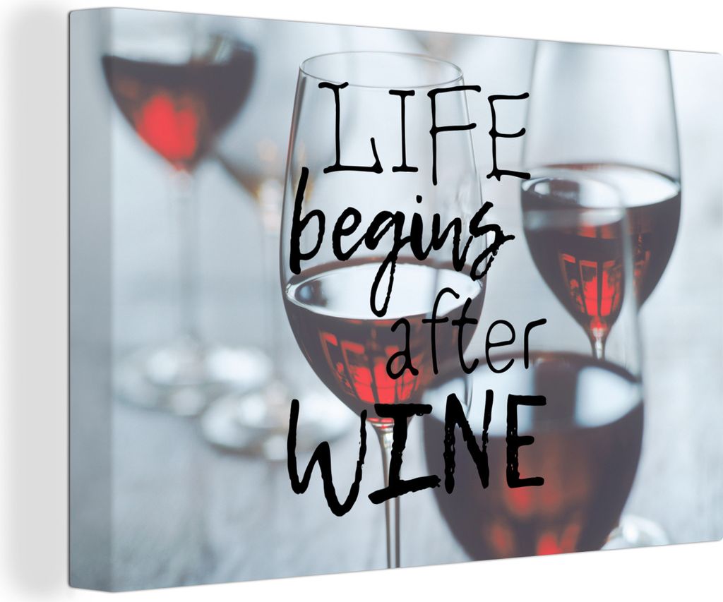 OneMillionCanvasses - Leinwandbilder - 150x100 cm, Weinzitat "Das Leben beginnt nach dem Wein" mit Weingläsern im Hintergrund, Wandbilder Kunstd...