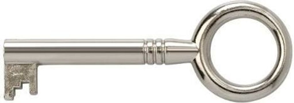 A silver key with a circular handle and a notched bit is shown against a white background.