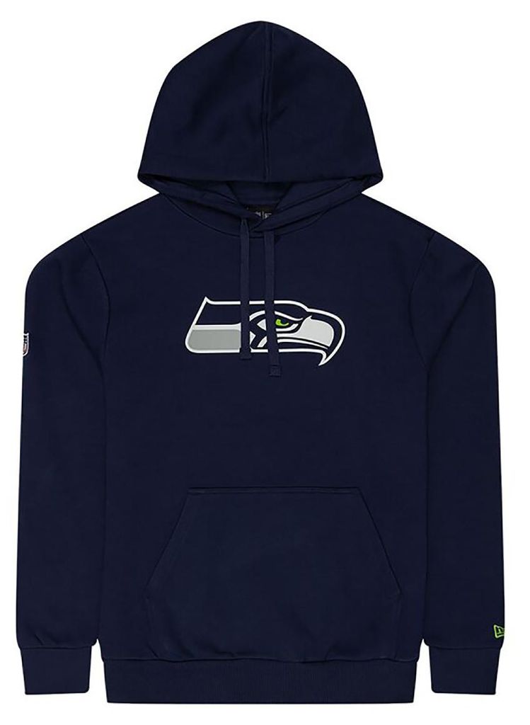 Seattle Seahawks Hoodie New Era, Offizieller NFL Fanartikel, Dunkelblauer Kapuzenpullover mit Teamlogo, Kängurutasche, 80% Baumwolle 20% Polyester