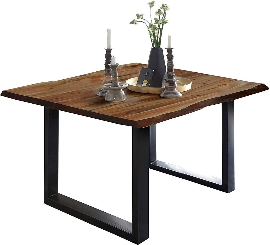 Baumkantentisch 90x90 cm Mephisto, Akazienholz massiv + nussbaumfarben lackiert, Esstisch mit schwarz lackiertem U-Gestell, Esszimmertisch/Holztisc...