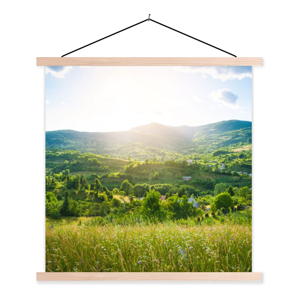 MuchoWow Textilposter Wald - Landschaft - Sonne - Natur - Sonnenaufgang 40x40 cm mit holzfarbenen Rahmen - Posterleiste