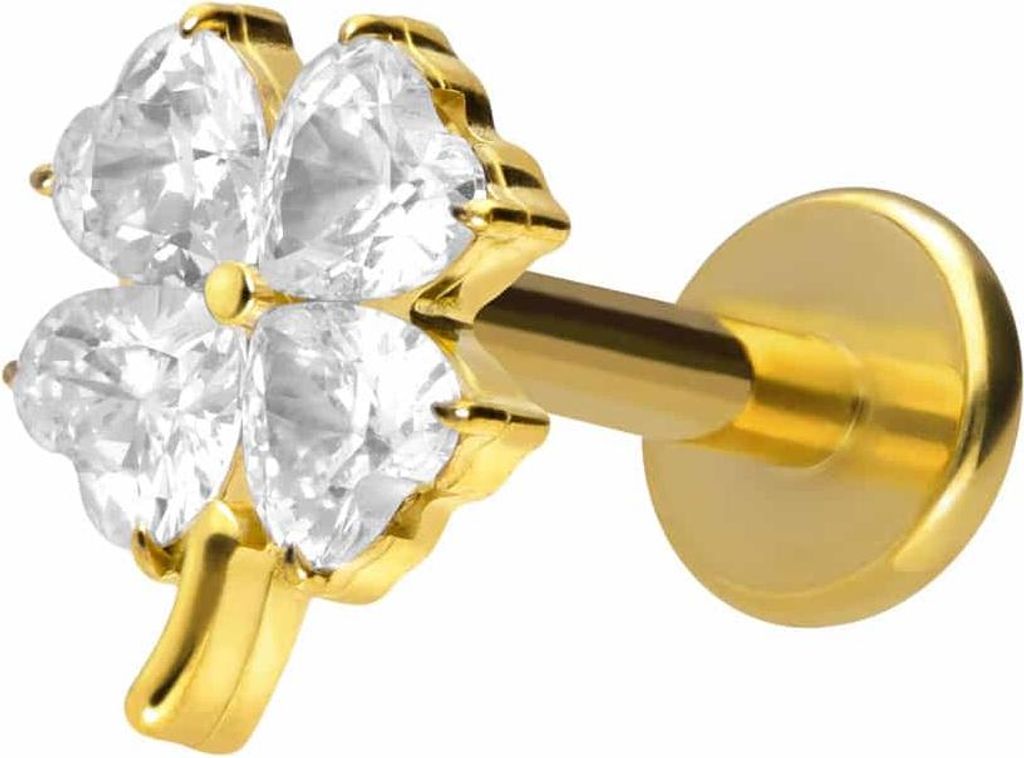 Ohrpiercing, Nasenpiercing Titan Labret mit Innengewinde KRISTALLKLEEBLATT Gold Stablänge: 8mm | Stabstärke: 1,2mm