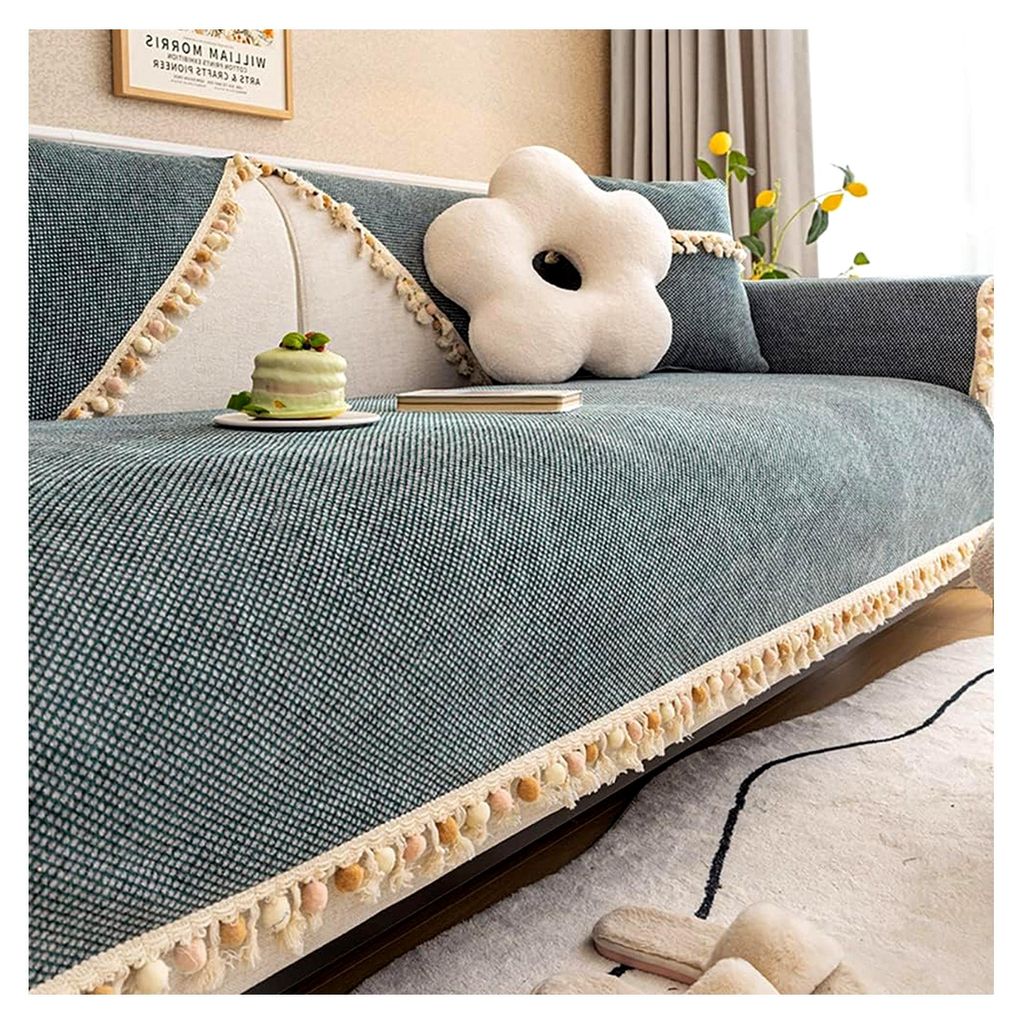 Samt Sofabezug rutschfest für 1 2 3 4 Sitzer, L-Form Sofaüberwurf, Ecksofa Überzug, Haustierfreundlicher Couchbezug, Lake Green, 110x210cm