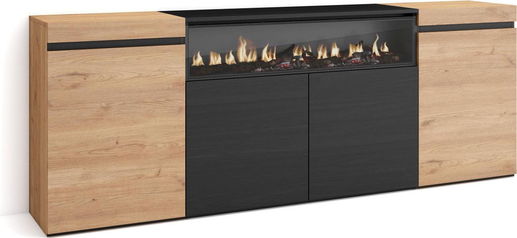 Sideboard, Highboard, 200x35x75cm, 4 Türen, Elektrokamin. farbe Eiche und Schwarz