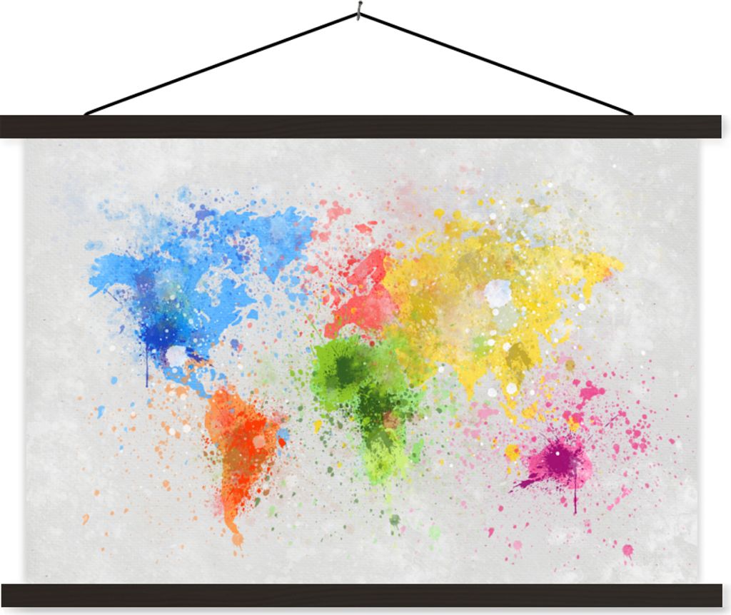 MuchoWow Textilposter Weltkarte - Abstrakt - Malen - Kinder - Jungen - Mädchen 90x60 cm mit schwarzem Rahmen - Aufhängungssatz