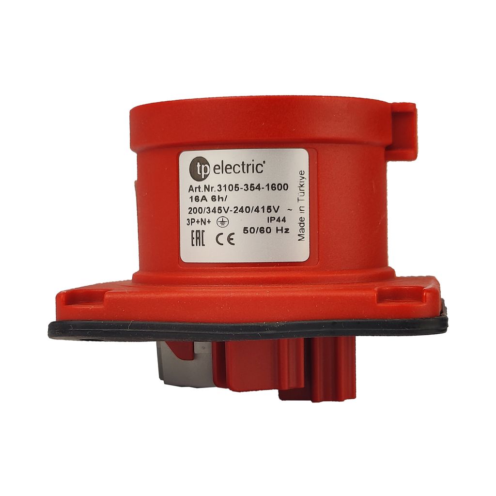 A red electrical connector with a label showing product information.
