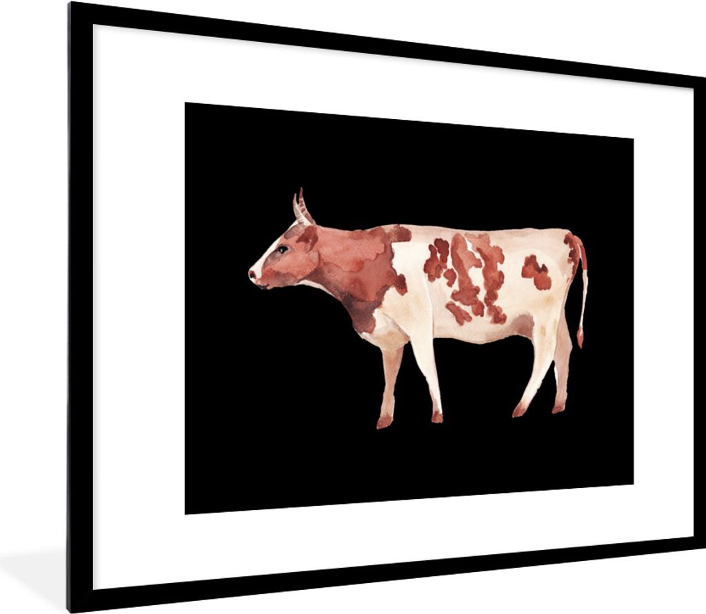MuchoWow MuchoWow Gerahmtes Poster Kuh - Illustration - Schwarz 80x60 cm - Poster mit zchwarzem Bilderrahmen - Schlafzimmer-Dekorationen - Foto...