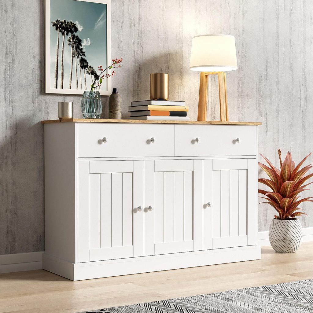 KLAM HOME Sideboard Kommode Wohnzimmerschrank mit gravierter Textur 2 Schubladen und 3 Türen für Schlafzimmer Wohnzimmer Küche 120*36*81 cm