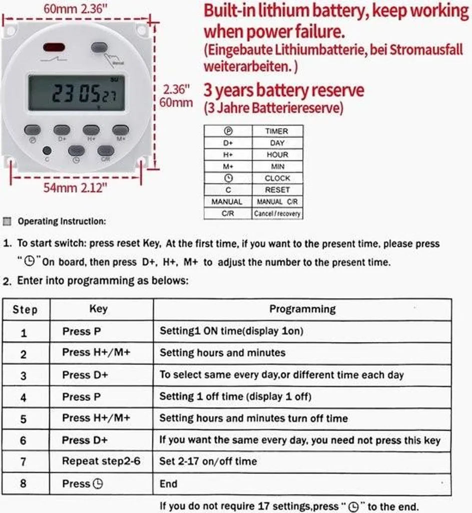 Programmateur hebdomadaire 12V DC avec écran LCD et relais 16A robuste