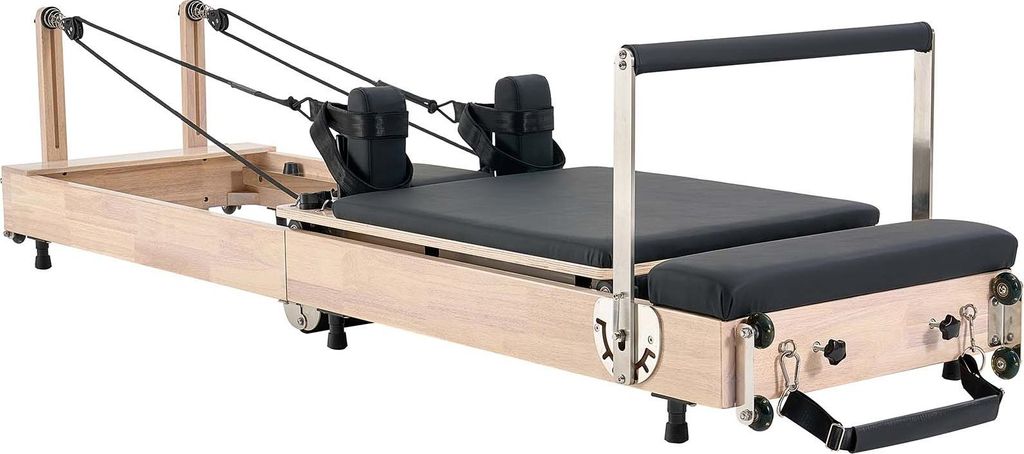 SucceBuy Faltbarer Pilates-Reformer aus Gummibaumholz für das Heimtraining, Pilates-Bett mit doppeltem Widerstandssystem – Feder und Kordel, ink...