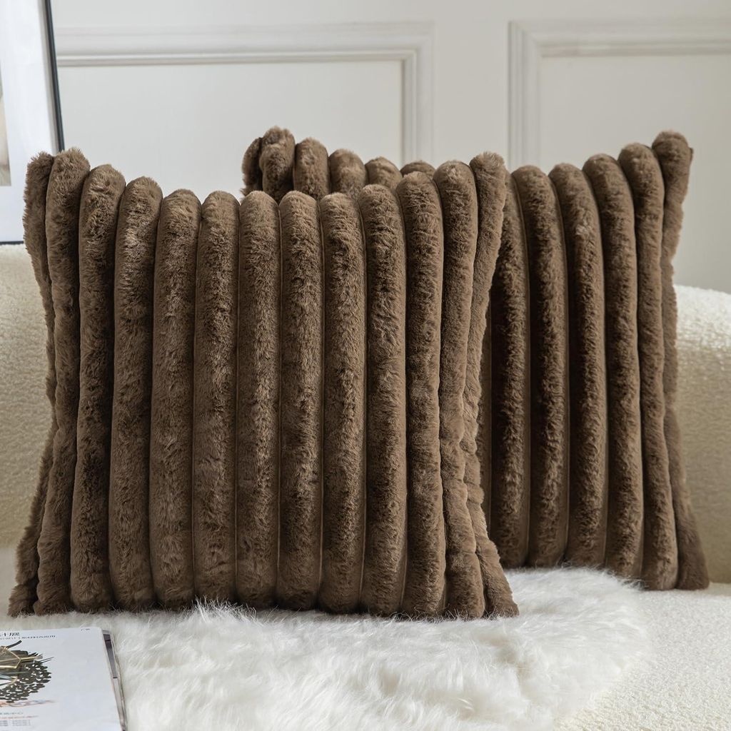 Set mit 2 Kissenbezügen aus gestreiftem Kunstfell, superweich und flauschig, moderne Dekoration für Sofa, Wohnzimmer und Schlafzimmer, 65 x 65 cm...
