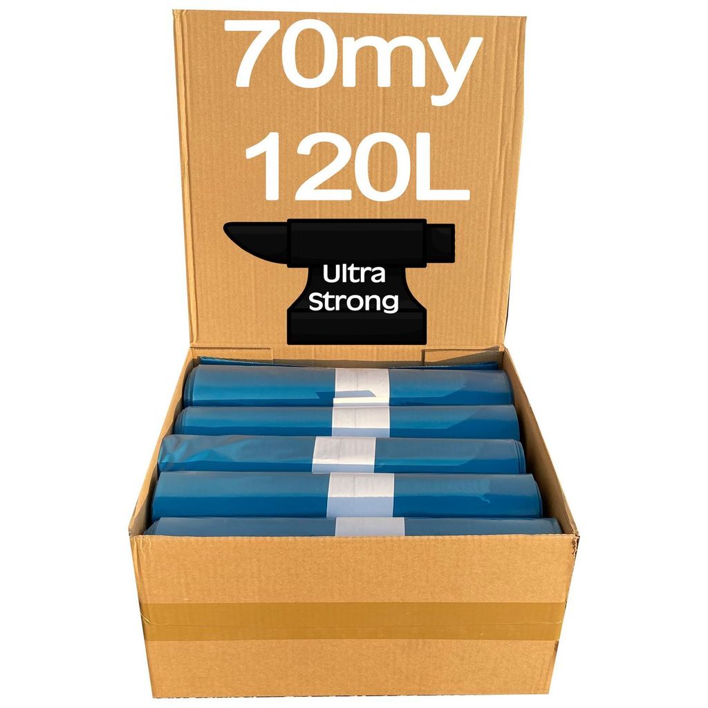 1 Karton Schwerlast Müllsäcke, 10 Rollen à 15 QUALITY PLUS Müllbeutel, Müllsäcke blau, Mülltüten extrem reißfest, 120l, 700x1100mm, 70my |...