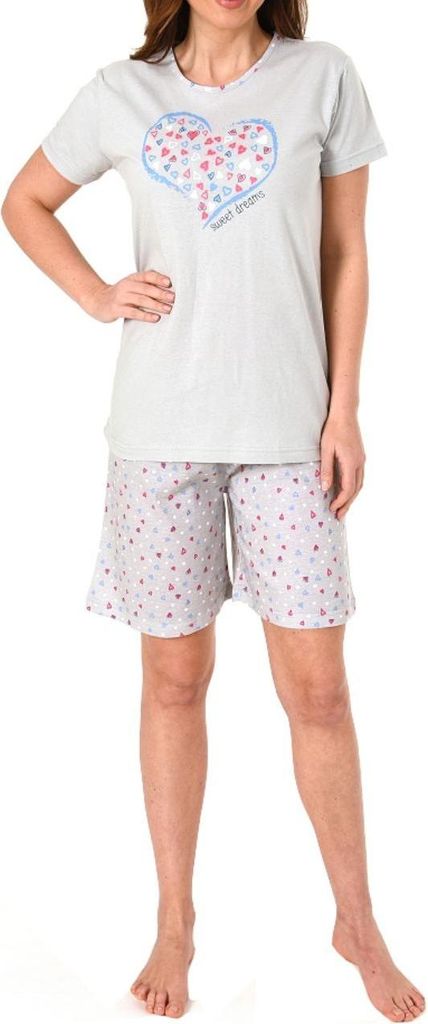 Damen kurzarm Pyjama Shorty in romantischem Design mit Herzchen - 62877 ; grau , 36