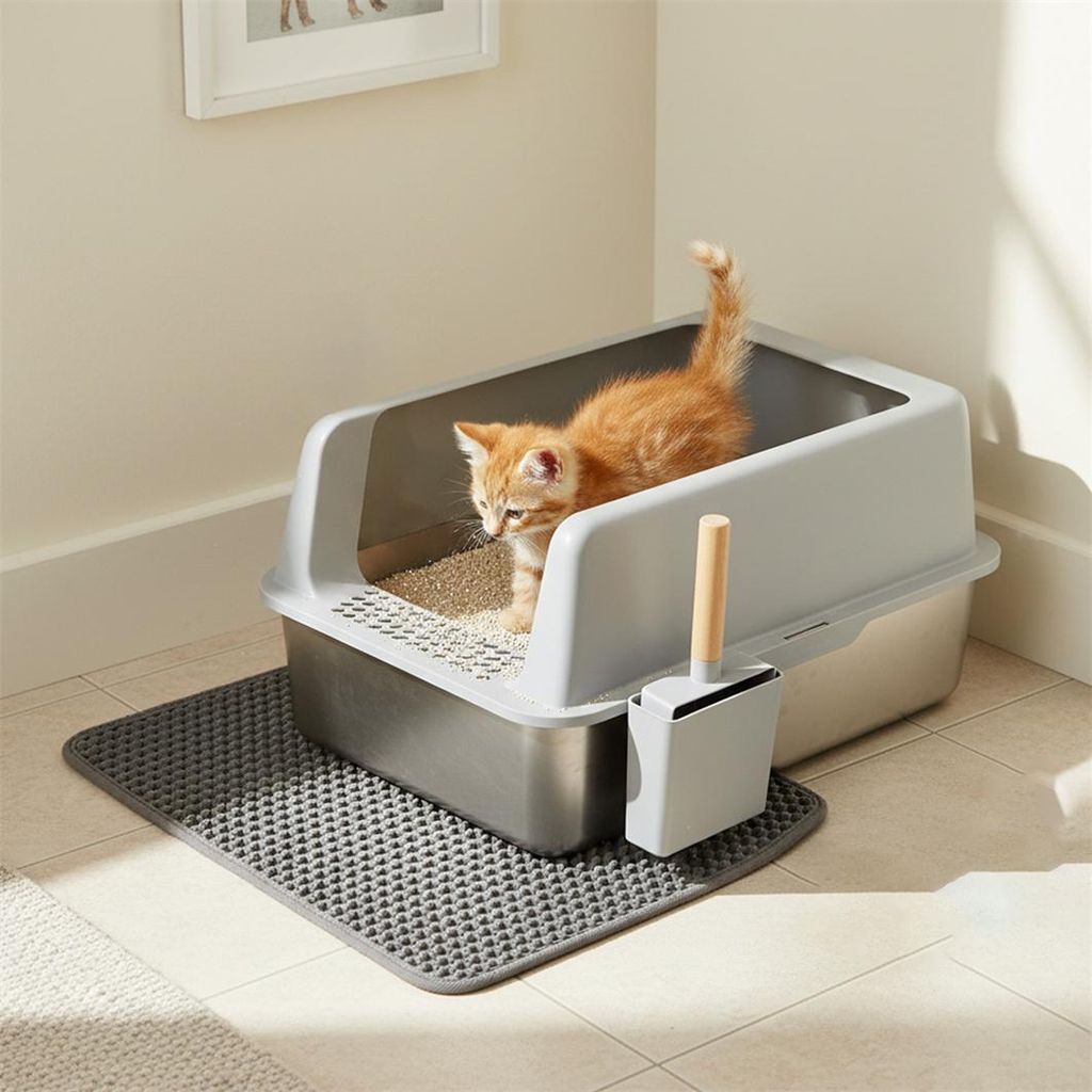 WISFOR Katzentoilette Edelstahl, Katzenklo ohne Deckel, XXL Katzentoilette offen mit Schaufel Katzenklo Matte, Schalentoilette Katze, 60 x 40 x 31 cm