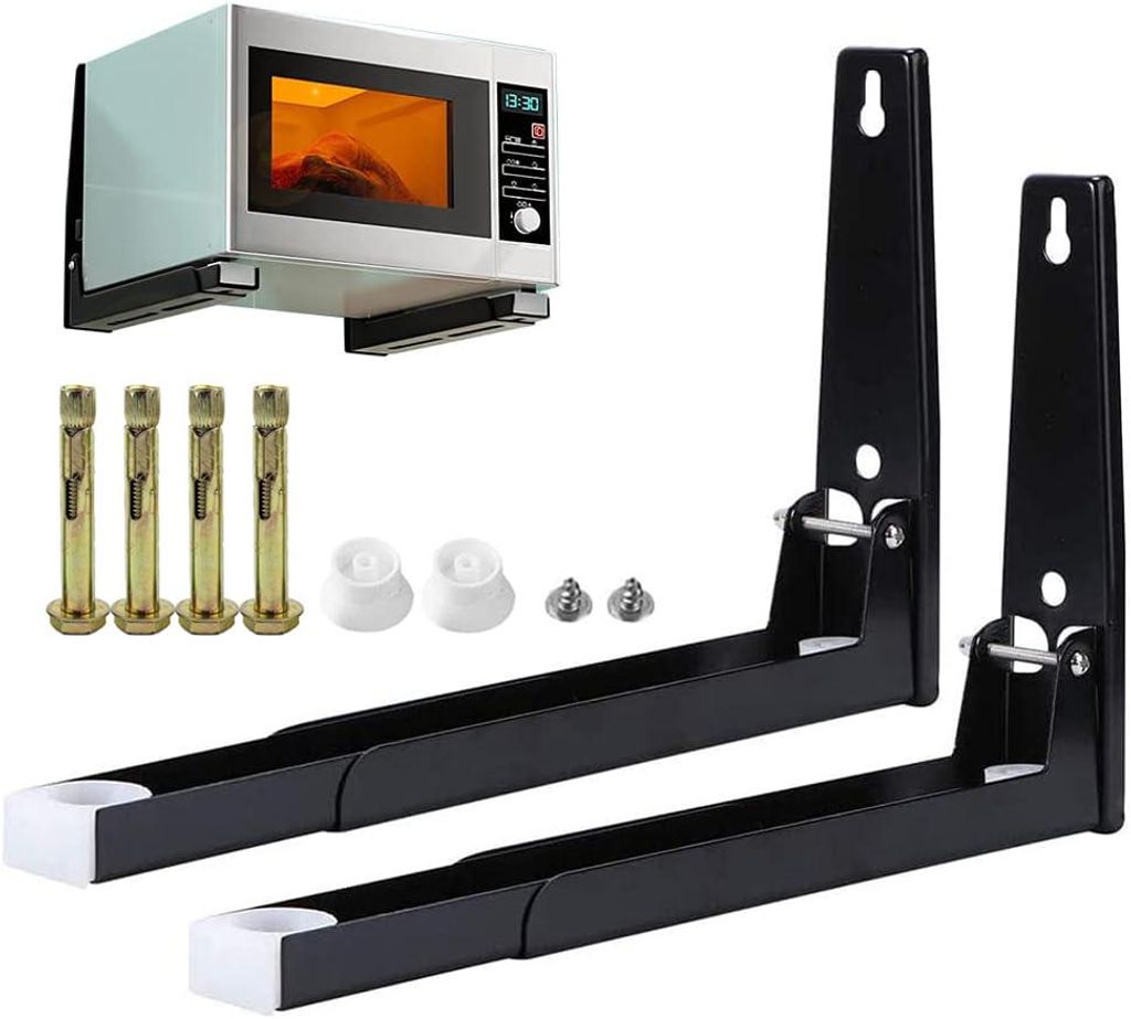 A microwave oven and its wall mounting hardware are displayed against a white background.