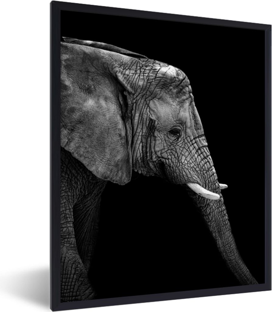 MuchoWow Gerahmtes Poster Elefant - Schwarz und weiß - Porträt - Tiere 30x40 cm - Poster mit Schwarzem Bilderrahmen Wandposter Rahmen Foto Bild...