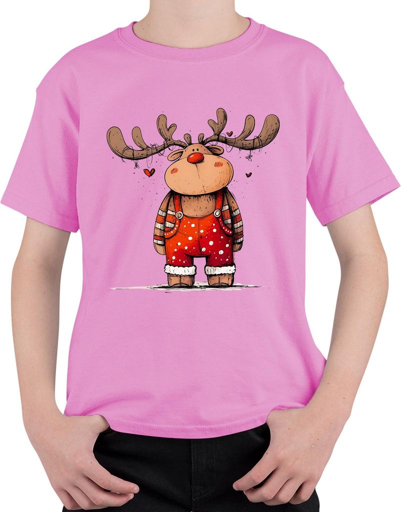 Niedliches Rentier Lichterkette Rotnase Weihnachten Geschenk Uni Kinder T-Shirt, Pink, 128