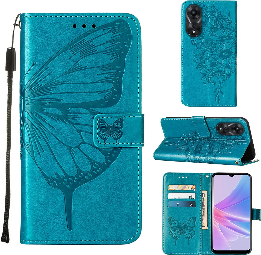Custodia OPPO A78 5G A58 5G Blu Farfalla - Pelle Flip Wallet Case