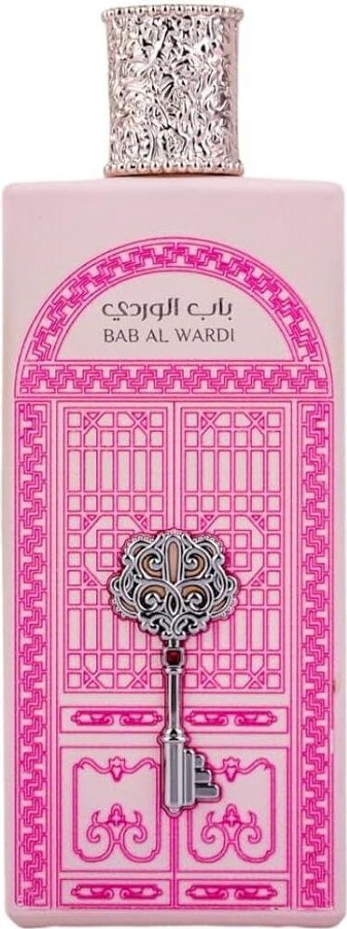 A product shot of a pink perfume bottle with ornate silver detailing.