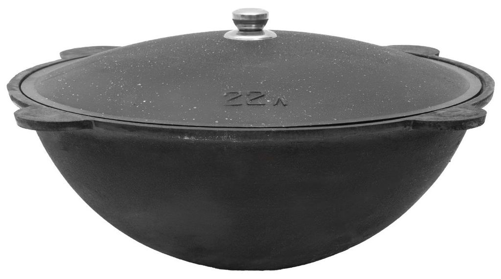 FlameFusion Kazan 22 Liter Topf mit rundem Boden aus Gusseisen mit Deckel, für Utschak geeignet, Outdoorküche Gulasch Kanone Kasan